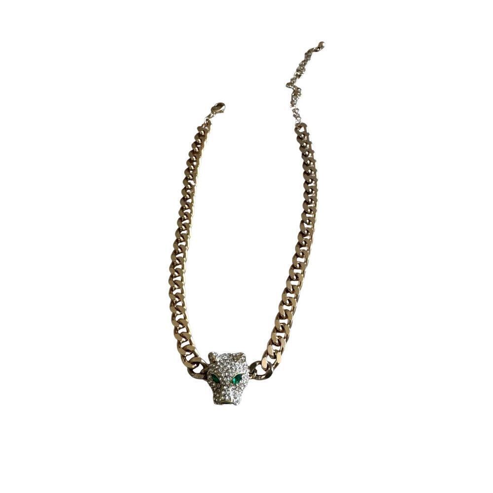 Gold Tone Panther Choker Necklace Heavy Chain 13.5”